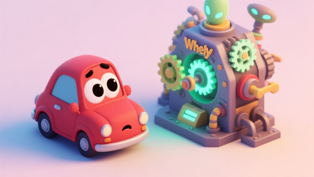 A cute cartoon red car with big eyes (Wheely) looking puzzled at a complex alien machine with glowing gears and levers, soft pastel background, isometric game view style high quality illustration, detailed, 16:9
