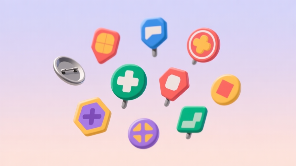 A collection of various colorful game pins and badges floating against a soft pastel background, minimalist flat design style high quality illustration, detailed, 16:9