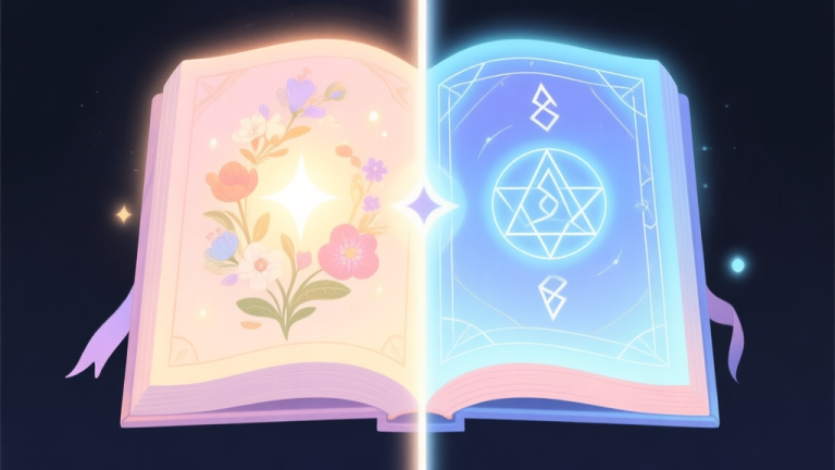 自动生成图片: A split illustration showing two contrasting magical auras, left side with warm light and floral motifs, right side with cool light and geometric runes, separated by a mystical book, soft pastel color scheme high quality illustration, detailed, 16:9