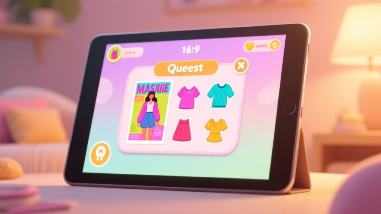 自动生成图片: A cozy, inviting game interface on a tablet screen, showing a colorful fashion magazine quest pop-up with clothing icons, soft pastel background, warm lighting high quality illustration, detailed, 16:9