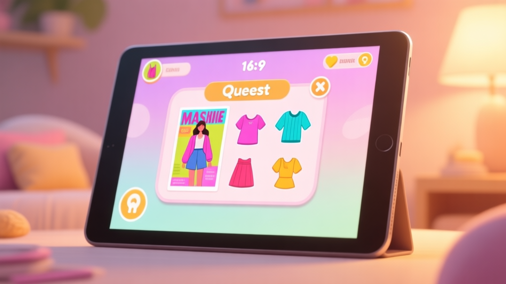 A cozy, inviting game interface on a tablet screen, showing a colorful fashion magazine quest pop-up with clothing icons, soft pastel background, warm lighting high quality illustration, detailed, 16:9