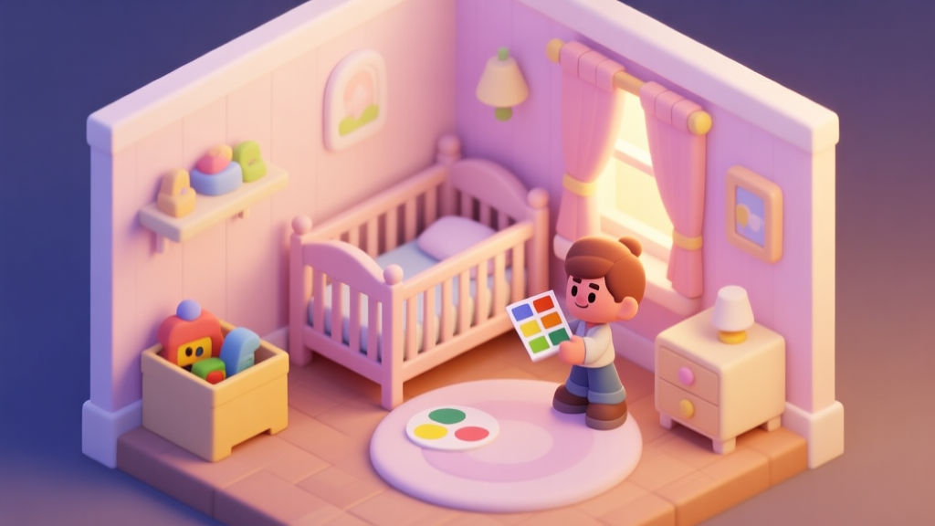 A cozy, isometric view of a half-furnished nursery in a life simulation game, showing a crib, a toy box, and a character holding a paint swatch, in a soft pastel color palette with warm lighting high quality illustration, detailed, 16:9