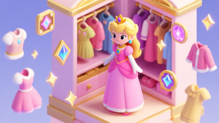 自动生成图片: A stylized, isometric view of a digital princess character standing in a vibrant virtual closet, surrounded by floating clothing items and shimmering skill icons, soft pastel color palette with gold accents high quality illustration, detailed, 16:9