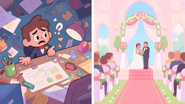 自动生成图片: A split-screen illustration showing a chaotic wedding planning scene on one side (scattered items, confused character) and a perfectly organized, beautiful wedding ceremony on the other, in a soft pastel game art style high quality illustration, detailed, 16:9