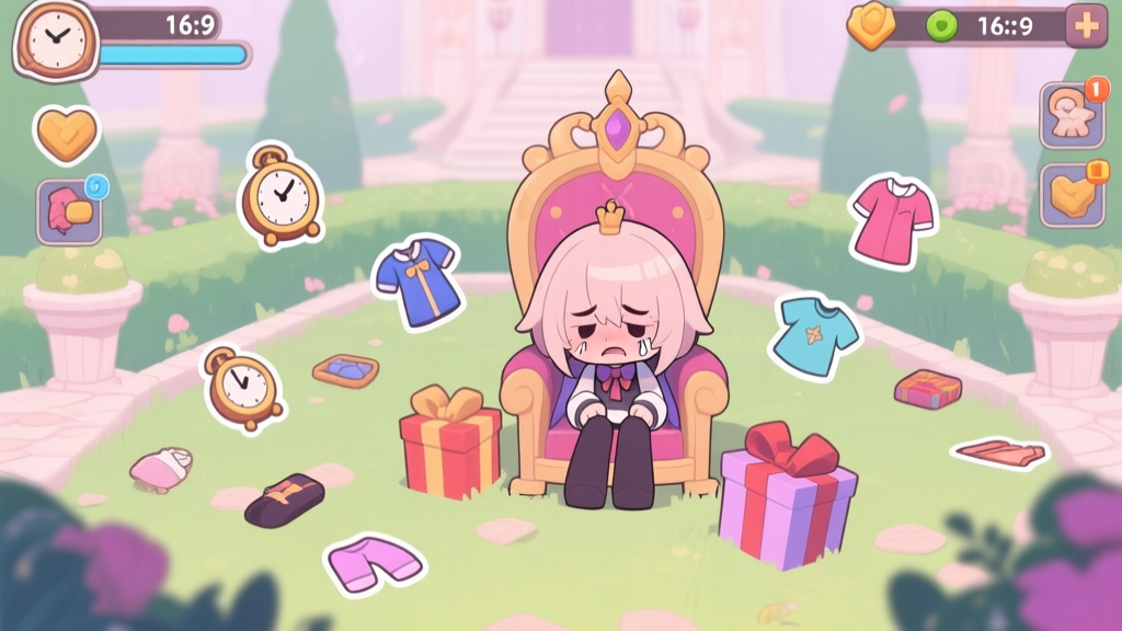 A frustrated game character sitting in a virtual royal garden, surrounded by scattered in-game items like clocks, clothing icons, and gift boxes, soft pastel color palette, anime-inspired game art style high quality illustration, detailed, 16:9