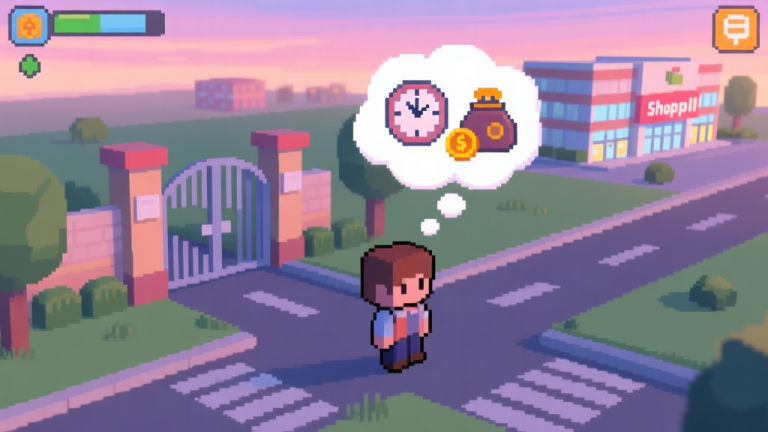 自动生成图片: An isometric pixel art scene of a video game character standing at a crossroads between a school gate and a distant shopping mall icon on a mini-map, with a thought bubble showing a clock and a coin purse, soft pastel colors, dusk lighting high quality illustration, detailed, 16:9