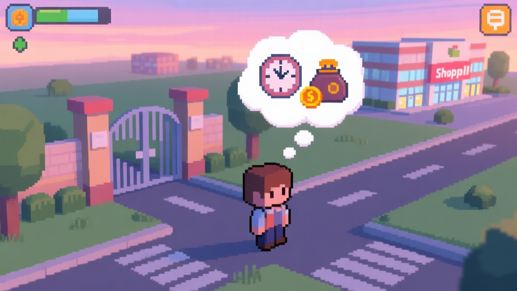 An isometric pixel art scene of a video game character standing at a crossroads between a school gate and a distant shopping mall icon on a mini-map, with a thought bubble showing a clock and a coin purse, soft pastel colors, dusk lighting high quality illustration, detailed, 16:9