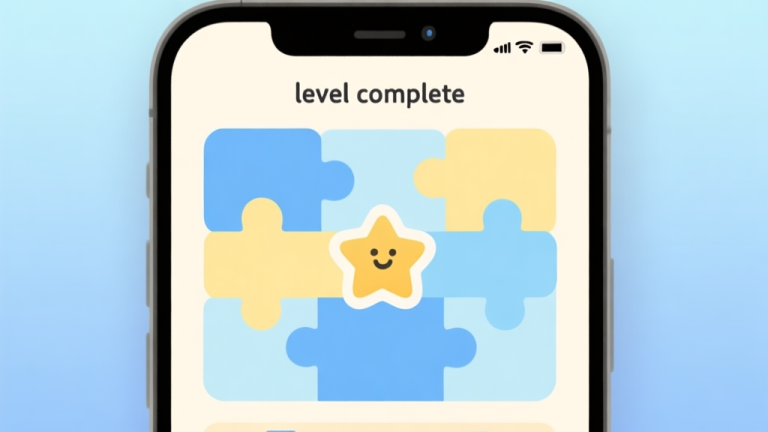 自动生成图片: A minimalist, calming illustration of a solved puzzle game interface on a mobile screen, showing satisfying connected shapes and a "level complete" star, soft pastel color scheme with blues and yellows high quality illustration, detailed, 16:9