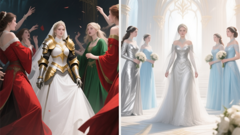 自动生成图片: A side-by-side comparison of two fantasy wedding scenes in a game. Left side shows a bride in white gold armor with bridesmaids in clashing red and green robes, looking chaotic. Right side shows the same bride with bridesmaids in elegant silver and light blue attire, creating a harmonious and majestic atmosphere, soft fantasy lighting high quality illustration, detailed, 16:9
