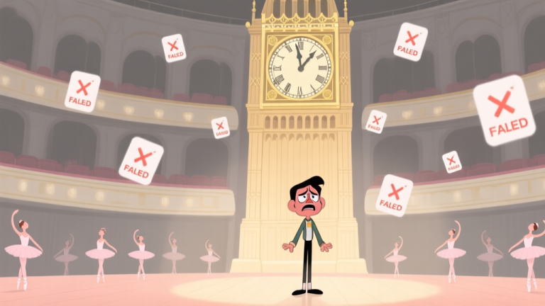 自动生成图片: A frustrated game character standing in front of a large, elegant clock tower in a ballet theater setting, with multiple failed attempt notifications floating around, soft pastel color palette with muted gold and grey tones high quality illustration, detailed, 16:9