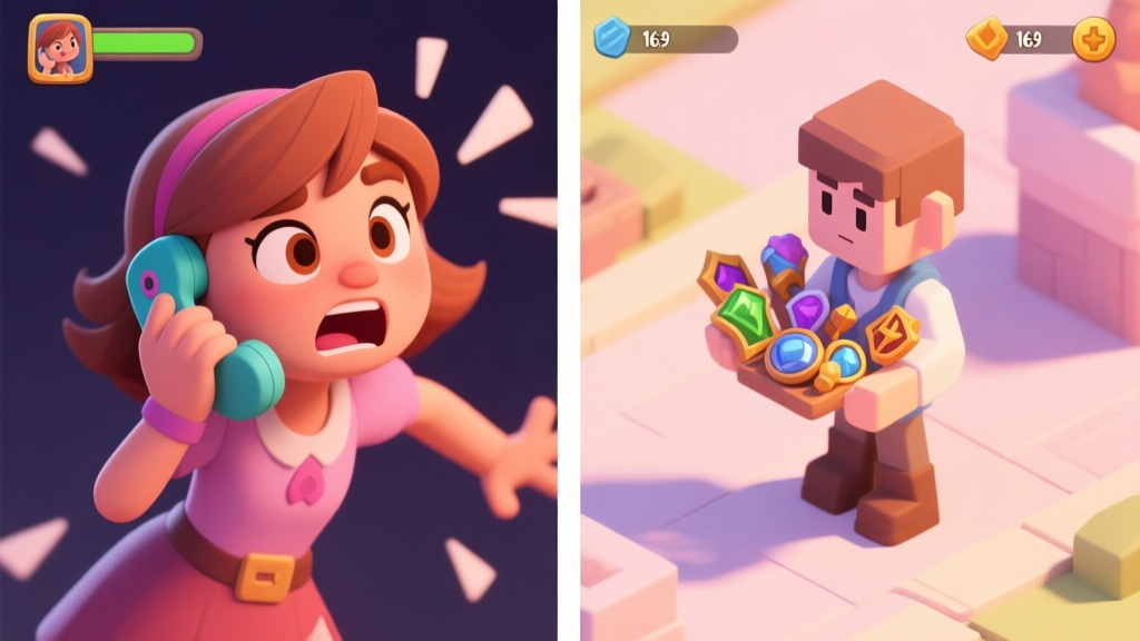 Split-screen game scene showing a frantic character (Rachel) on a phone call on one side, and a calm player character holding various quest items on the other, isometric view, soft pastel colors, warm lighting high quality illustration, detailed, 16:9