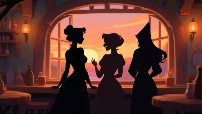 自动生成图片: A cozy, warm-toned illustration of a fantasy tavern interior, three distinct female character silhouettes (one elegant, one cheerful, one mysterious) seen from behind, facing a window with a sunset view, soft lighting, inviting atmosphere high quality illustration, detailed, 16:9