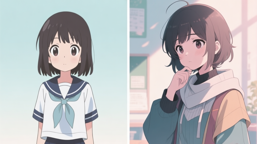 A split-screen illustration showing contrast. Left side: a simple, stereotypical anime school girl with basic features. Right side: a more detailed, expressive character with layered clothing, a thoughtful expression, and subtle background elements hinting at a story. Soft pastel color palette. high quality illustration, detailed, 16:9