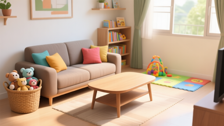 自动生成图片: A bright, slightly messy but cozy family room in a modern Indonesian home. Soft toys are neatly stacked in a woven basket, a low wooden coffee table has rounded corners, colorful cushions are on a durable fabric sofa, and there's a dedicated corner with a small playmat and open shelving for kids' books. Warm afternoon light streams in through the window. high quality illustration, detailed, 16:9