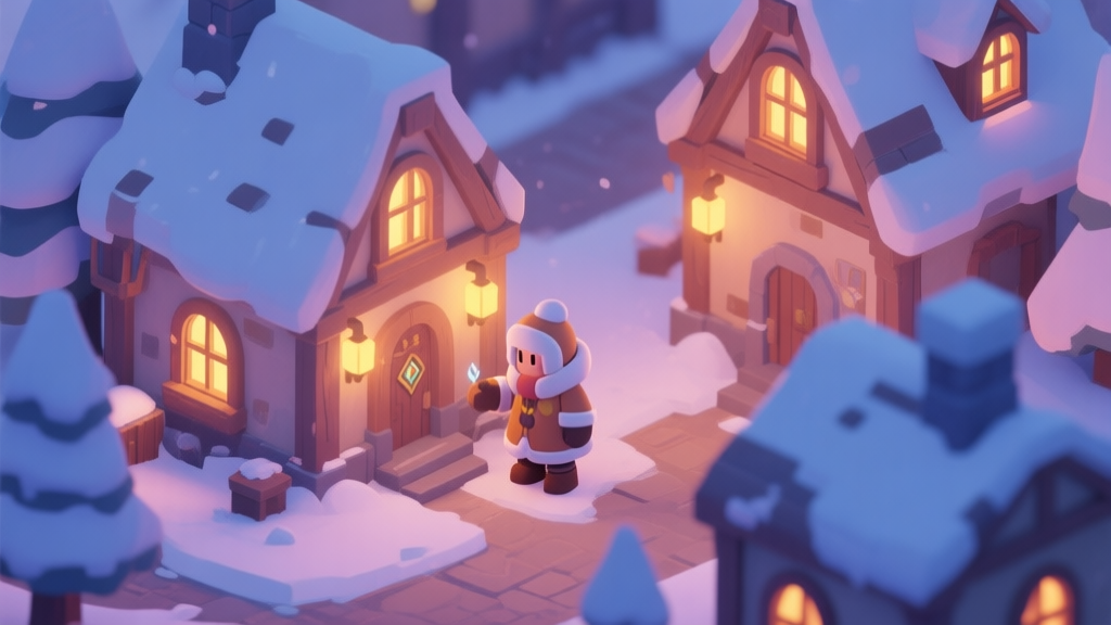 A cozy, isometric view of a snowy in-game village at dusk, with warm lights glowing from windows, a character in winter clothes near a quest giver, soft pastel color palette, digital painting style high quality illustration, detailed, 16:9