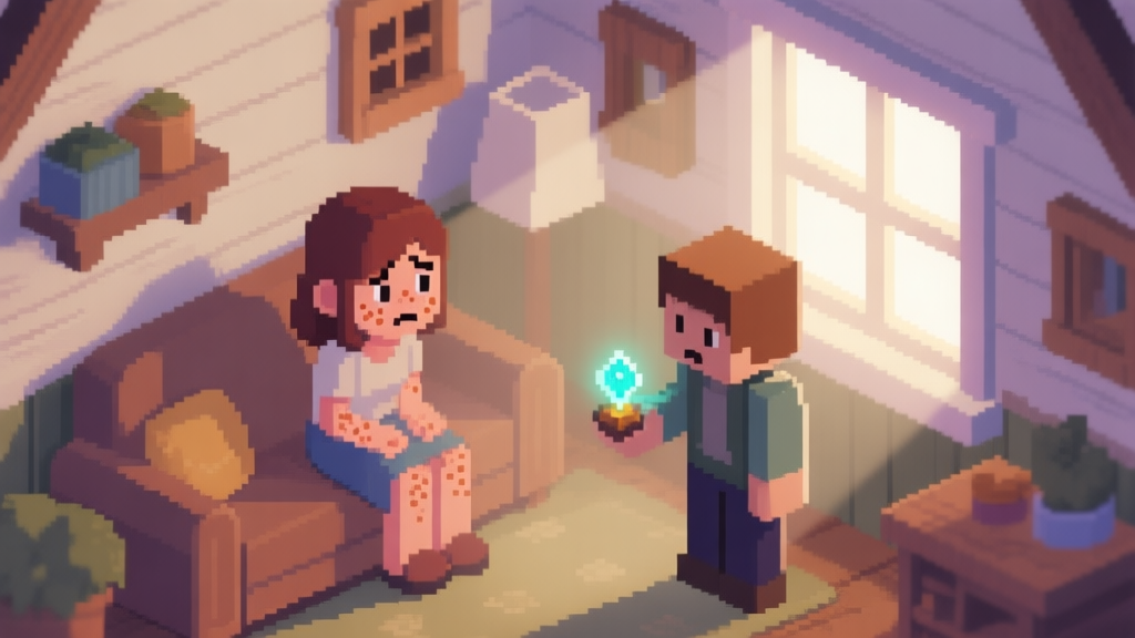A cozy, isometric pixel art scene of a farmhouse interior. A female character with freckles is sitting on a couch looking slightly worried, while a player character stands nearby holding a small, glowing quest item. Soft morning light filters through the window, color palette uses muted earth tones and pastels high quality illustration, detailed, 16:9