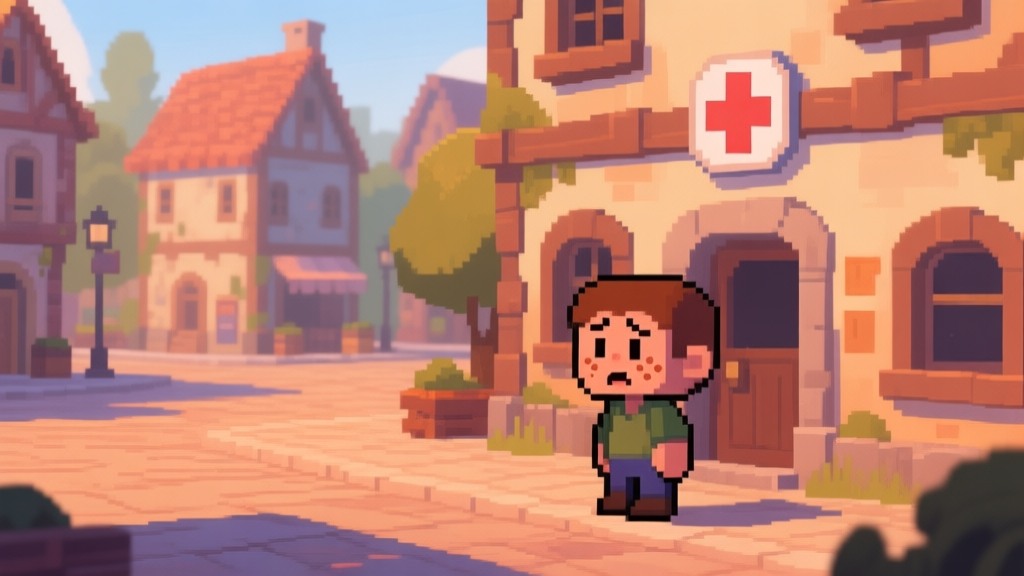 A stylized, warm-toned game scene of a quaint in-game town square, with a pixel-art style character with freckles looking hesitant, standing near a building with a medical cross sign. The art style is reminiscent of popular life simulation games, soft lighting. high quality illustration, detailed, 16:9