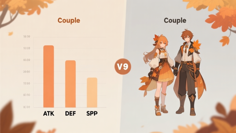 自动生成图片: Side-by-side comparison infographic of two different autumn-themed couple outfits in a game, showing their stat distributions (ATK, DEF, SPD) on clean, minimalist bar charts, with a soft autumn color palette of beige, orange, and light grey high quality illustration, detailed, 16:9