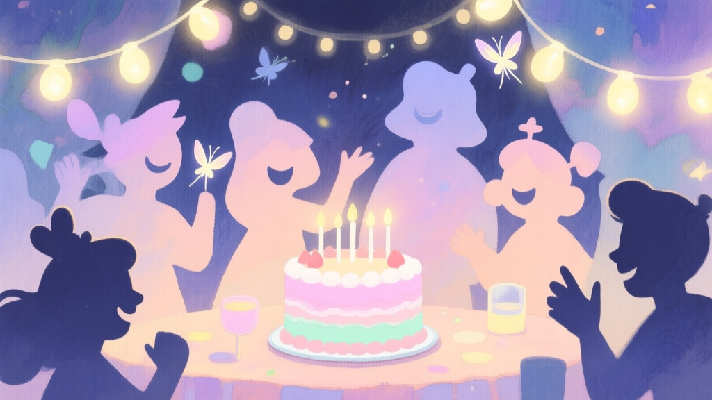 A cozy, magical party scene in a game, with soft glowing fairy lights, a pastel color cake, and abstract silhouettes of happy characters, in a soft watercolor painting style, gentle and dreamy color palette high quality illustration, detailed, 16:9
