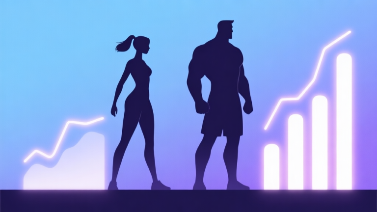自动生成图片: Side-by-side minimalist character silhouettes of a agile female figure and a sturdy male figure, with abstract stat bars glowing beside them, on a soft gradient background of blue and purple high quality illustration, detailed, 16:9