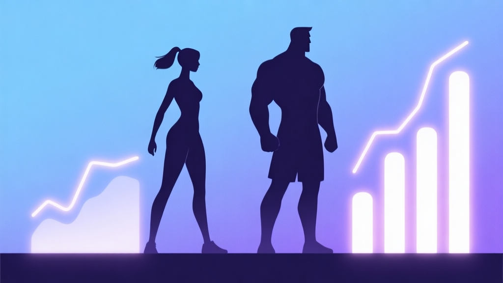 Side-by-side minimalist character silhouettes of a agile female figure and a sturdy male figure, with abstract stat bars glowing beside them, on a soft gradient background of blue and purple high quality illustration, detailed, 16:9