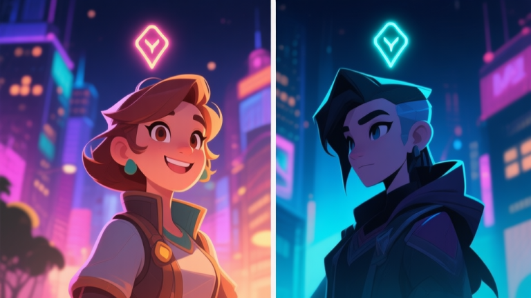 自动生成图片: A split-screen illustration showing two distinct game characters on a vibrant city night backdrop, one side warm-toned and friendly, the other cool-toned and mysterious, with subtle glowing quest markers above their heads, soft neon color palette high quality illustration, detailed, 16:9