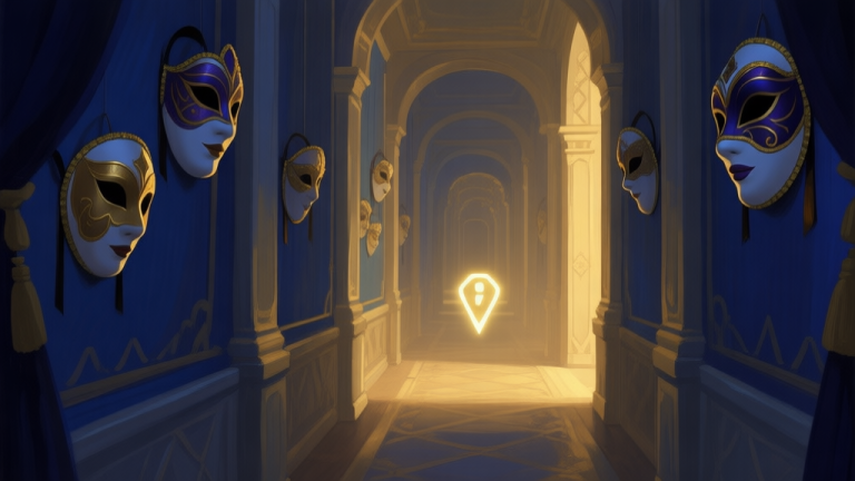 自动生成图片: A mysterious, softly lit game scene showing a corridor in a palace with elegant masks hanging on the walls, a glowing quest marker in the distance, muted gold and deep blue color scheme, painterly style high quality illustration, detailed, 16:9