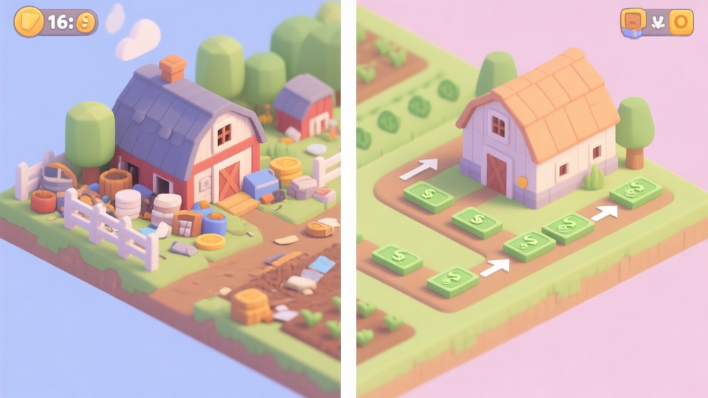 A split-screen illustration showing a cluttered, unprofitable farm on one side versus a neat, optimized farm with clear money flow arrows on the other, in a charming isometric game art style, soft pastel colors high quality illustration, detailed, 16:9