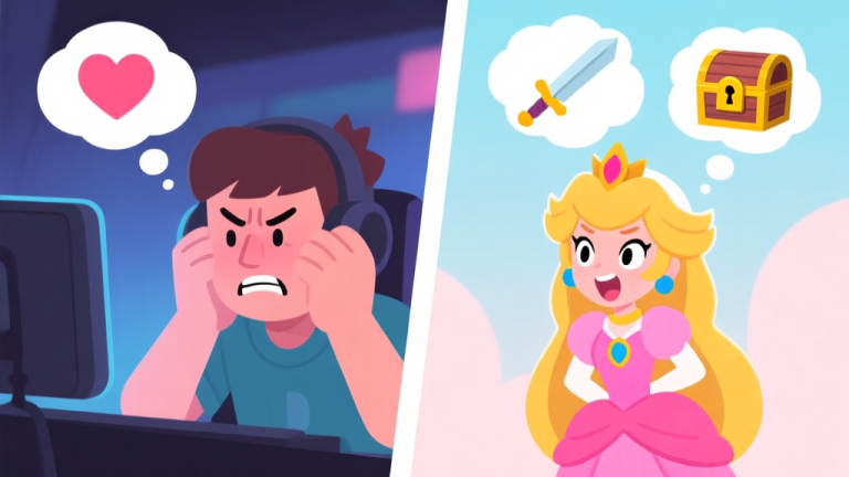 自动生成图片: A split-screen illustration showing a frustrated player on one side and a stylized, expressive princess character from a video game on the other, with thought bubbles containing symbols like a heart, a sword, and a locked chest, in a soft pastel color palette high quality illustration, detailed, 16:9