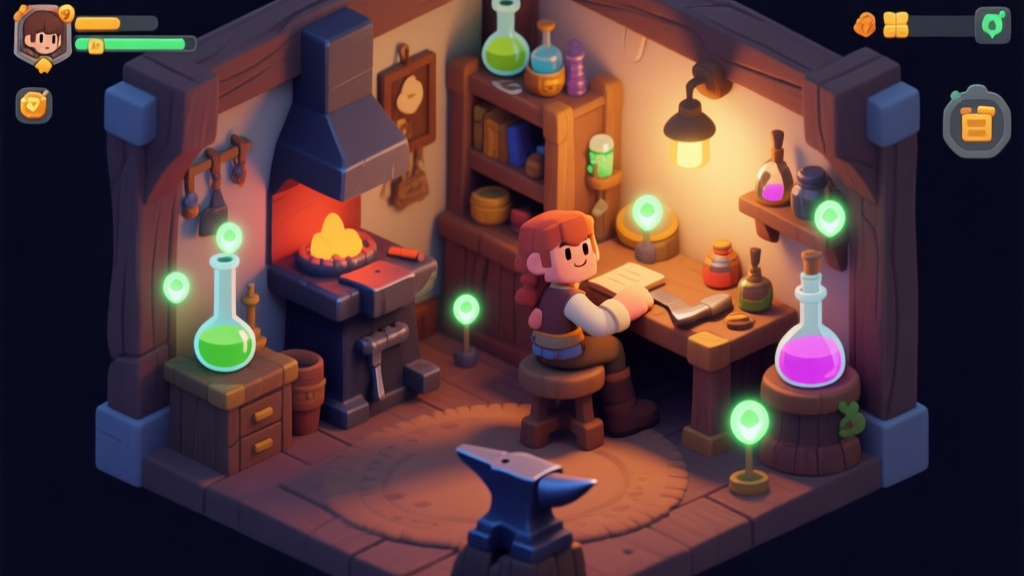 Cozy, intimate in-game scene of a character's personal room, like a blacksmith's workshop or an alchemist's study, filled with unique items and glowing interactive points, soft warm lighting, isometric view, game UI style high quality illustration, detailed, 16:9