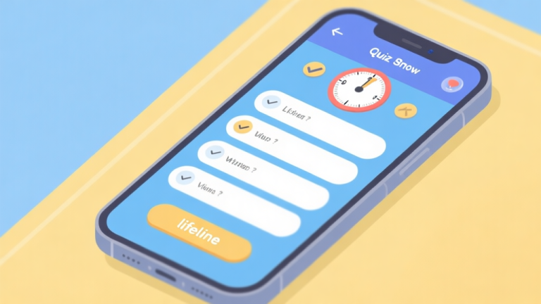 自动生成图片: A top-down view of a quiz show interface on a smartphone, showing a timer, multiple-choice options, and a "lifeline" button, in a clean flat design with soft blues and yellows high quality illustration, detailed, 16:9