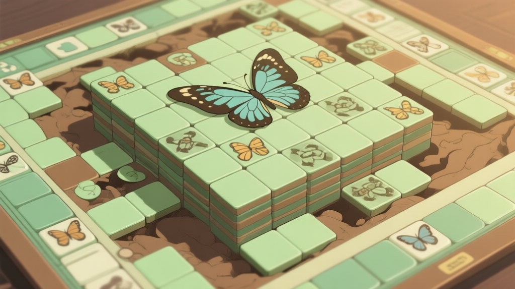 A top-down view of a complex Butterfly Kyodai game board in mid-game, with multiple layers of tiles, some clearly matched and others buried. Soft green and brown color palette, illustrative style with subtle shadows to show depth. high quality illustration, detailed, 16:9