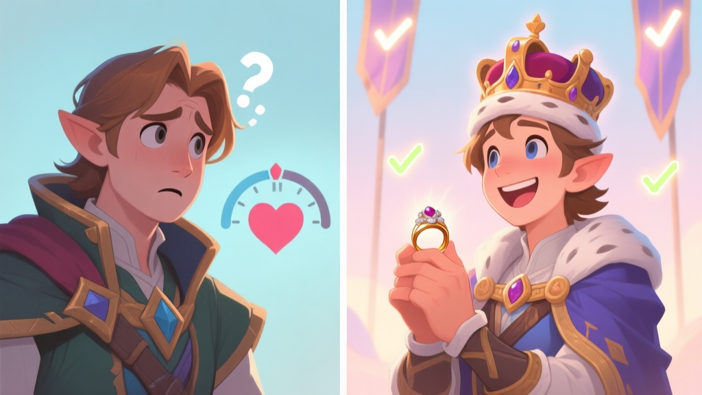 A split-screen illustration showing a fantasy RPG character on one side looking confused at a heart meter, and on the other side, the same character happily holding a royal ring, with subtle glowing flags and hidden checkmarks in the background, soft pastel color palette high quality illustration, detailed, 16:9