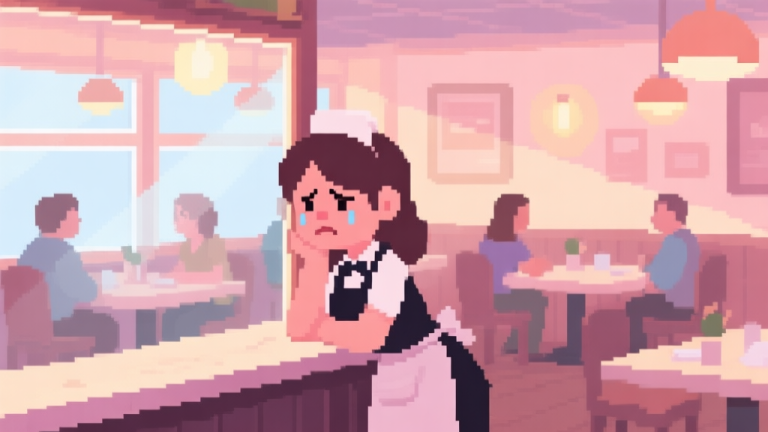 自动生成图片: A stylized, cozy pixel-art restaurant interior with soft lighting. A female server character with a tired expression leans against a counter, looking out a window while other customers sit at tables, flat design style, pastel color palette high quality illustration, detailed, 16:9