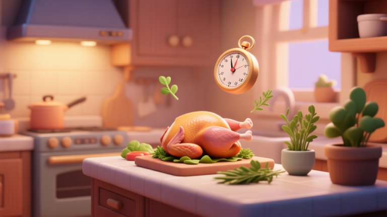 自动生成图片: A cozy, stylized 3D game kitchen scene with a raw turkey on a counter, surrounded by virtual herbs and a timer floating in the air, soft lighting, warm color palette high quality illustration, detailed, 16:9