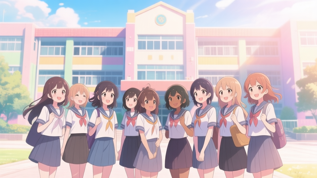 A cheerful, stylized illustration of a diverse group of anime-style female student characters standing in front of a vibrant school campus building, soft pastel color palette, warm sunlight, friendly and inviting atmosphere high quality illustration, detailed, 16:9
