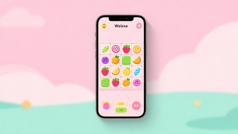 自动生成图片: A welcoming and clean game interface of a casual tile-matching puzzle on a mobile screen, showing colorful candy and fruit themed tiles arranged neatly, with soft pastel background colors like light pink and mint green, flat design style high quality illustration, detailed, 16:9
