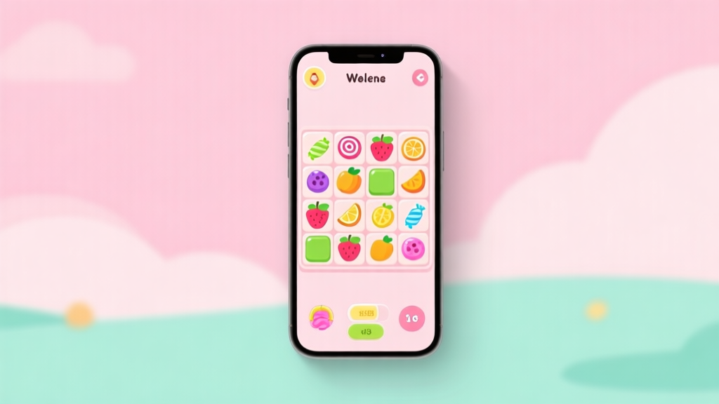 A welcoming and clean game interface of a casual tile-matching puzzle on a mobile screen, showing colorful candy and fruit themed tiles arranged neatly, with soft pastel background colors like light pink and mint green, flat design style high quality illustration, detailed, 16:9