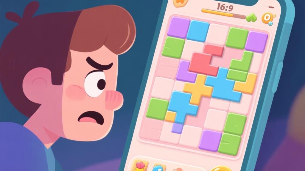 A frustrated player looking at a cluttered mobile puzzle game screen with mismatched tiles, soft pastel color palette, cartoon style, conveying a sense of being stuck high quality illustration, detailed, 16:9