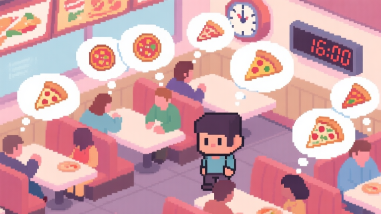 自动生成图片: A cozy, top-down view of a pixel-art pizza restaurant during a rush hour, with multiple thought bubbles above customers showing different pizza icons, a timer counting down, and a player character looking calmly focused amidst the chaos, soft pastel color palette high quality illustration, detailed, 16:9