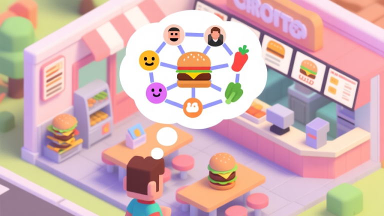 自动生成图片: A vibrant, isometric view of a busy burger shop in a casual game, with a thought bubble above the player character showing a complex web connecting customer moods, order types, and ingredient icons, soft pastel color scheme high quality illustration, detailed, 16:9