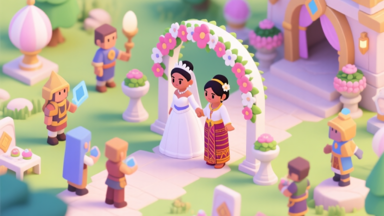 自动生成图片: A vibrant, isometric view of a fantasy game wedding event hub, with two distinct NPCs (Eliza in a white gown, Putri in a traditional kebaya-inspired dress) standing under a flower arch. Players in various costumes are interacting with quest-givers and decorative objects around them, soft pastel color palette high quality illustration, detailed, 16:9