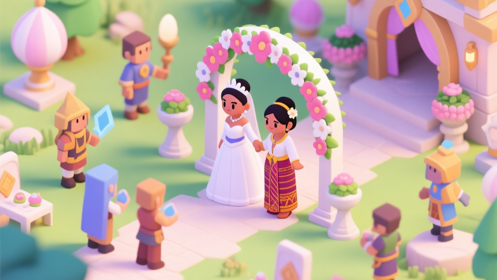 A vibrant, isometric view of a fantasy game wedding event hub, with two distinct NPCs (Eliza in a white gown, Putri in a traditional kebaya-inspired dress) standing under a flower arch. Players in various costumes are interacting with quest-givers and decorative objects around them, soft pastel color palette high quality illustration, detailed, 16:9