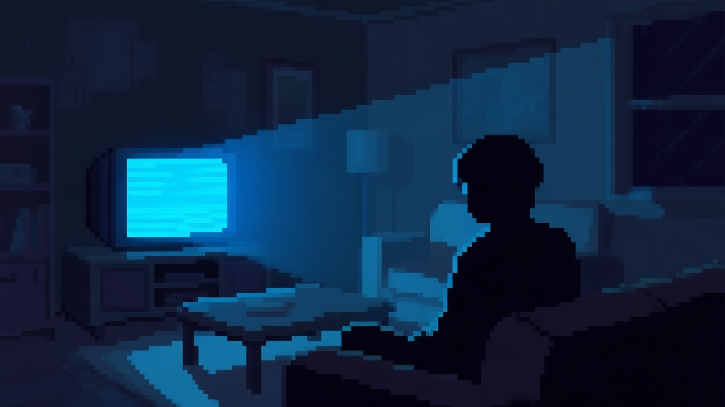 A dark, moody scene of a pixel-art living room at night, with a flickering TV screen casting blue light on a silhouette of a character on a couch, viewed from a first-person perspective, soft shadows, muted color palette high quality illustration, detailed, 16:9