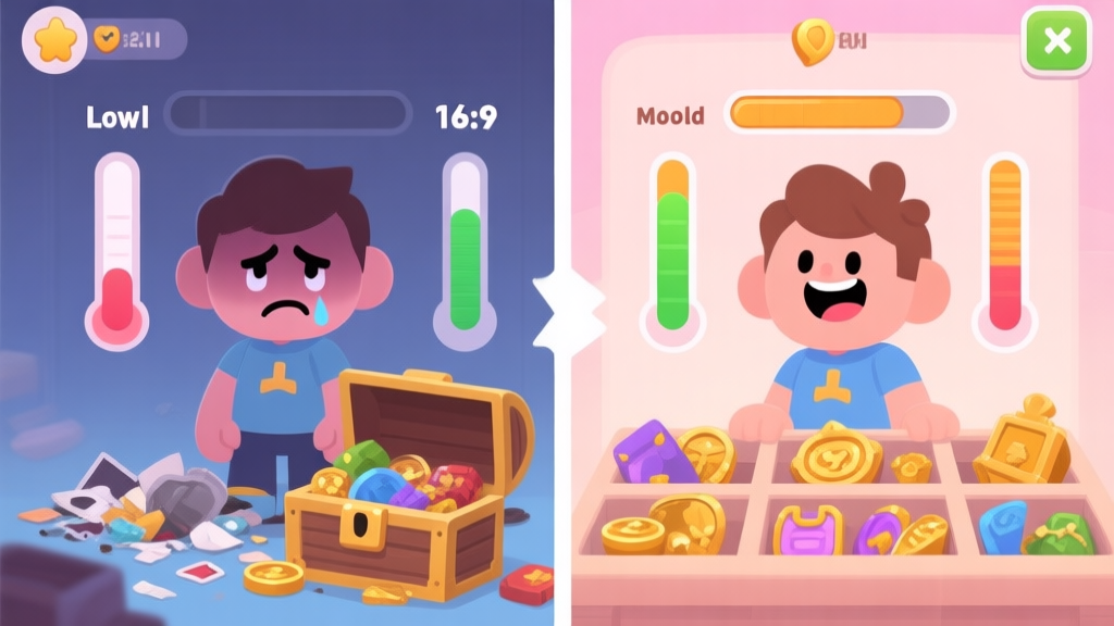 Split-screen illustration showing a frustrated game character with low mood meters next to a messy inventory, contrasted with a happy character with full mood bars and organized, valuable items, in a soft pastel color palette typical of simulation games high quality illustration, detailed, 16:9