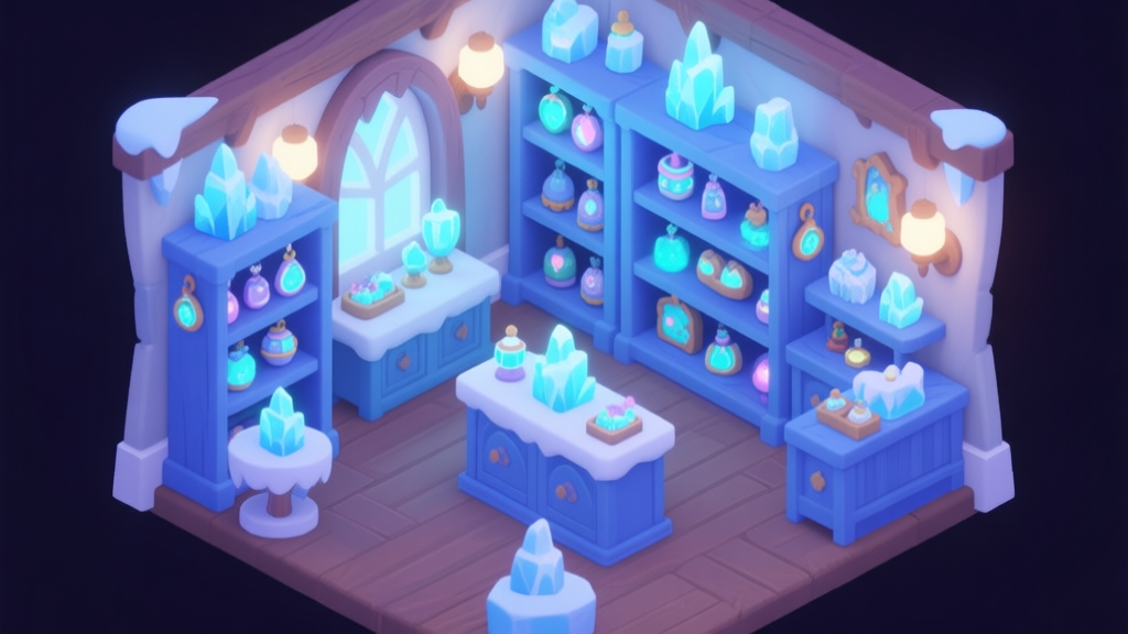A cozy, magical boutique interior in a video game, shelves filled with glowing souvenirs and ice-themed decorations, soft blue and white lighting, isometric view high quality illustration, detailed, 16:9