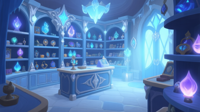 自动生成图片: A cozy, elegant in-game shop interior with ice-blue and silver decorations, shelves filled with mysterious trinkets and glowing artifacts, soft magical lighting, from a player's perspective high quality illustration, detailed, 16:9