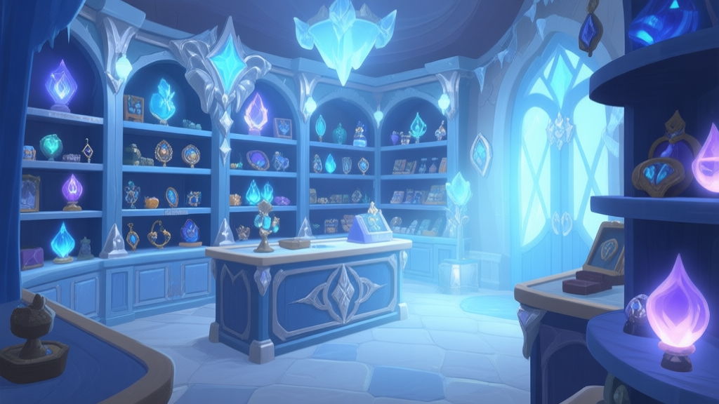 A cozy, elegant in-game shop interior with ice-blue and silver decorations, shelves filled with mysterious trinkets and glowing artifacts, soft magical lighting, from a player's perspective high quality illustration, detailed, 16:9