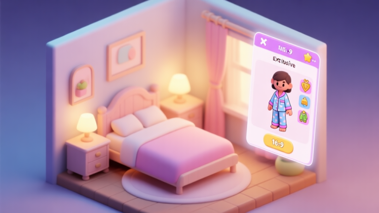 自动生成图片: A cozy, inviting virtual bedroom scene for a life simulation game, soft pastel color palette, with a character customization screen floating nearby showing exclusive pajama outfit rewards, warm lighting, isometric view high quality illustration, detailed, 16:9
