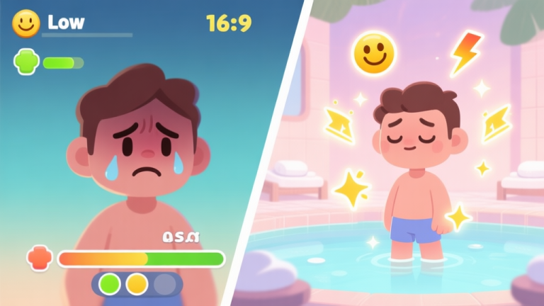自动生成图片: A split-screen illustration showing a game character looking stressed and with low stats on one side, and the same character relaxed with glowing positive stat icons (like smiley faces, energy bolts, and sparkles) floating around them on the other side, standing in a serene spa environment. Soft pastel color scheme. high quality illustration, detailed, 16:9